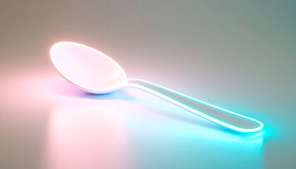 Sleek white spoon with glowing neon outline in blue and pink hues, merging modern kitchenware design with futuristic minimalism.