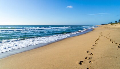 Fototapeta premium 広角で捉えた静かな海辺の風景に、砂に残る足跡が波打ち際へと続き、穏やかな自然の美しさを映し出すシーン