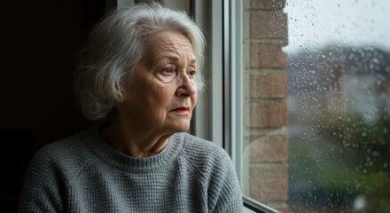 Silent Contemplation: An elderly woman gazes pensively out of a window, her weathered face reflecting introspection and a touch of melancholy.