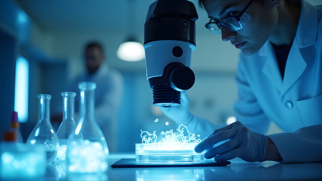 Female Scientist Examining Sample Under Microscope in Modern Laboratory