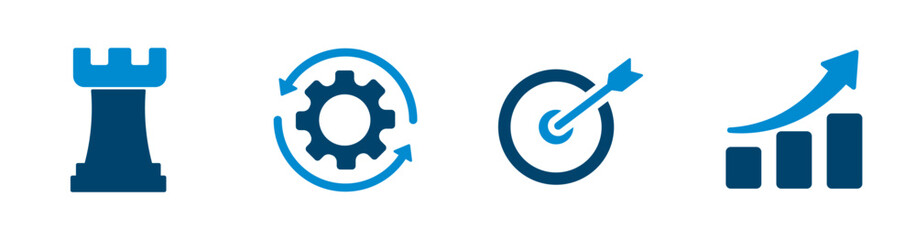 Chess piece, gear, target, growth chart icons for strategy, automation, goal, growth.