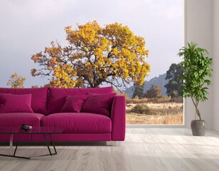 Interior of modern room with comfortable lilac sofa and table