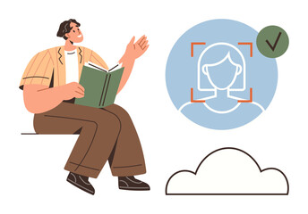 Person reading, surrounded by headshot scan, cloud, and checkmark to symbolize access, learning, personalization, security, and technology. Ideal for education data remote work privacy