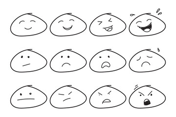 Hand-drawn cartoon face expressions set, simple doodle emoticons showing various emotions such as happy, sad, angry, and surprised.