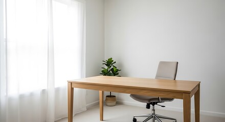 Minimalist workspace featuring a wooden desk chair and plant conveying tranquility and simplicity