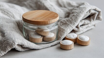 Minimalist design of glass jar with wooden lid containing round tablets on soft fabric background