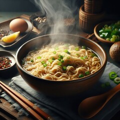 Steaming bowl of delicious ramen noodles with fresh toppings