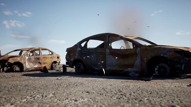Car Bomb Explosion Aftermath with Destroyed Vehicles Debris And Barren Landscape Under Clear Sky Ideal for Conflict Terrorism and Crime Scene Concepts