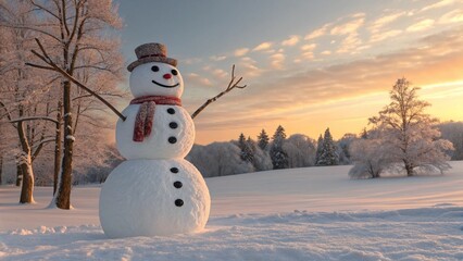 Obraz premium A classic snowman with a red dotted scarf and a small hat stands in a vast, snowy field, with a forest of frost-covered trees and a vibrant sunset sky in the background, creating a festive holiday sce