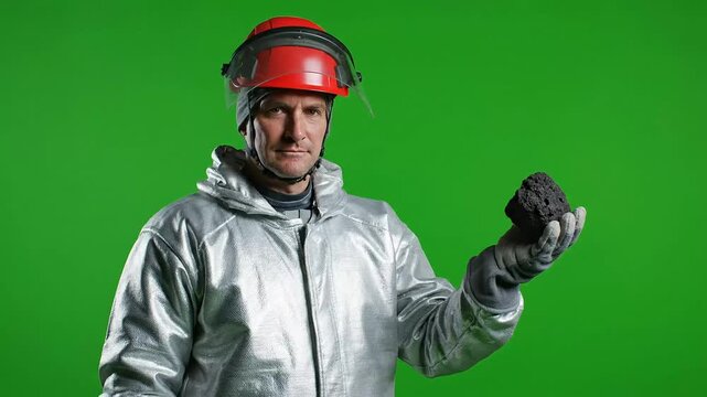 Focused Industrial Worker in Red Helmet and Silver Suit Analyzes a Raw Mineral on Green Screen