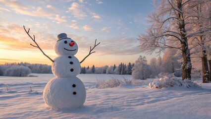 Fototapeta premium A joyful snowman with arms outstretched stands in a snowy field at sunset, with frost-covered trees and a colorful sky creating a beautiful and celebratory winter scene. 