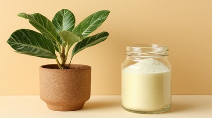 Green Indoor Plant in Pot Next to Glass Jar Filled with White Powder on Soft Yellow Background