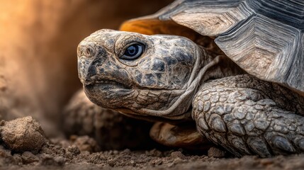 Close-up of a tortoise's head and neck, resting on brownish earth.  Its shell is a mix of gray and dark brown with intricate patterns.  Large, dark, eye-like feature.  Soft light