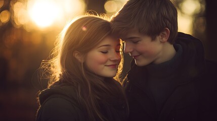 Romantic Young Couple Forehead Touch Golden Hour Sunset