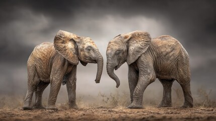Fototapeta premium Two young elephants facing each other in a dramatic landscape