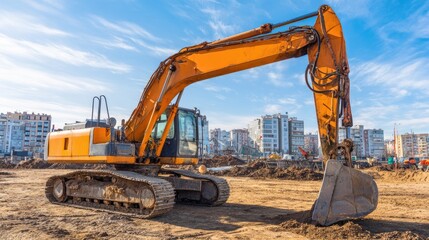 Heavy Excavator Machinery Operating on Construction Site Under Blue Sky with Urban Background