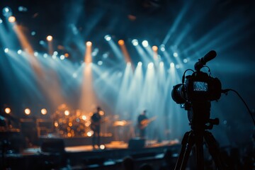 Fototapeta premium Camera filming a rock concert with blue and orange stage lights. Show the process of capturing live music performance footage.