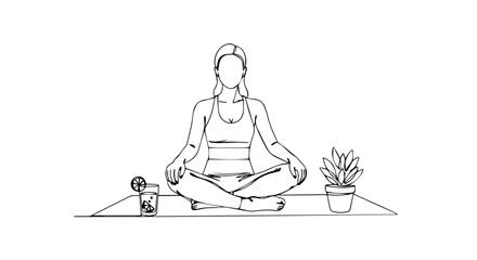 Line art woman doing yoga with drink and plant. The yoga posture shown is simple, relaxing exercise done with a drink and plant, minimal elements in composition.