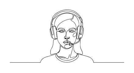 Continuous line drawing of woman with headphones, single line style. This woman with headphones represents customer service or support in minimal art.