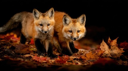 Two red fox kits in autumn foliage.  Dark background highlights the warm fur and fall leaves.  Sharp focus on the kits