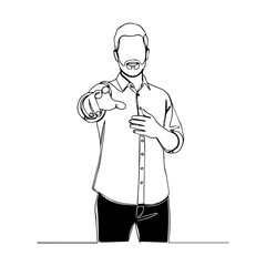 Obraz premium Single line drawing illustration of man pointing his finger at camera with serious gaze and shirt. Single line drawing presentation highlights individual leadership, accountability, or direction.