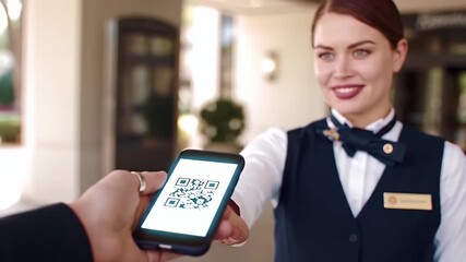 Close up of a Guest Presenting a Smartphone Displaying A QR Code to a Female Valet Staff Member in Navy Blue Vest and White Shirt Outdoors For a Seamless Digital Transaction Representing Modern