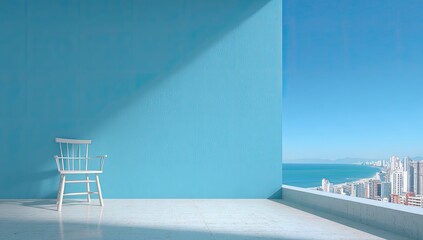 White chair, blue wall, ocean view, city skyline, peaceful balcony