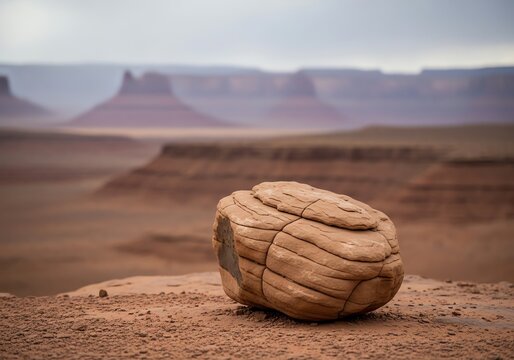 Vector art of a weathered boulder rests on a desert cliff edge with mesas in background