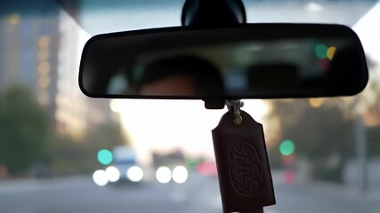 Close Up of Brown Leather Valet Tag Hanging from Car Rearview Mirror at Eye Level with Soft Golden Hour Lighting Reflecting City Buildings and Traffic During Dusk for Adobe Stock Travel Scene over