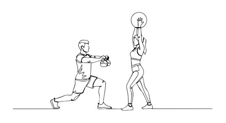 Obraz premium Fitness at home depicted in one line art of person doing lunges with kettlebell and another person lifting barbell above head. Fitness at home is about discipline and consistency. It shows dedication,
