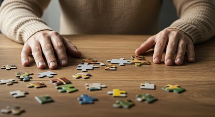 Puzzle Pieces and Patience: Hands carefully arrange vibrant puzzle pieces on a warm wooden surface, a symbol of concentration and the satisfying pursuit of problem-solving.