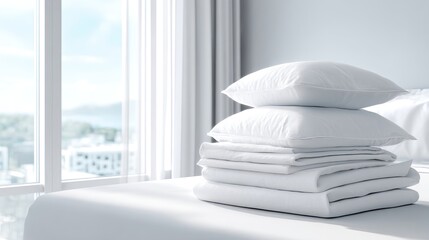 Fresh and Clean White Bedding with Pillows on a Crisp Bed in a Bright Modern Bedroom Interior