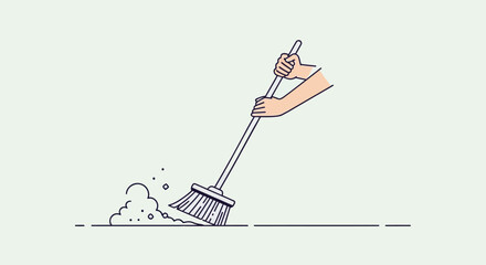 Flat vector illustration of human hands holding a broom, sweeping dust and small debris on the floor