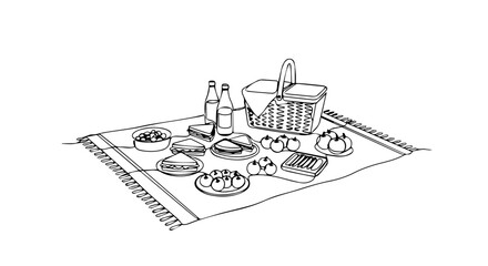 Simple picnic basket scene with sandwiches, fruit, cheese, and drinks on blanket.  Picnic illustration includes tasty food and refreshing beverages for summer lunch.