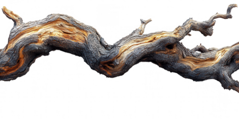 Intricate and textured natural wood branch with metallic sheen isolated on transparent background