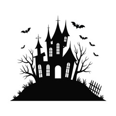 Silhouette of a spooky haunted castle on a hill with bats and dead trees