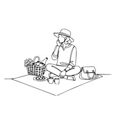 Woman enjoying picnic outdoors with wicker basket filled with food and drinks. Picnic blanket is spread on ground near handbag.