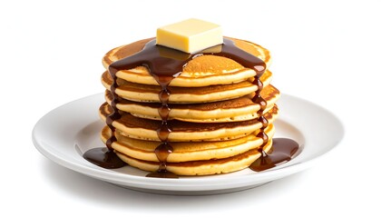 Stack of pancakes drizzled with syrup and butter