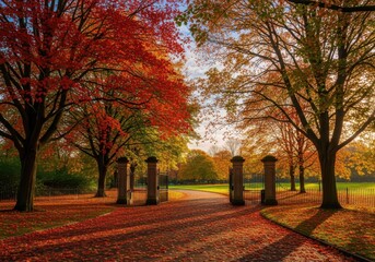 Fototapeta premium Scenic autumn foliage path entrance with vibrant colors in tranquil park