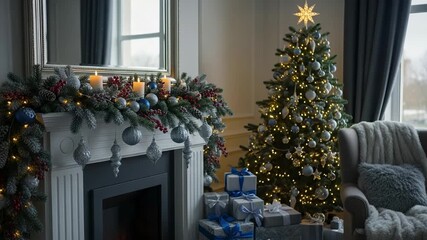 Cozy Christmas living room interior with a decorated tree and fireplace. Festive home decor with gifts, garland, and candles for an elegant holiday celebration. - Powered by Adobe