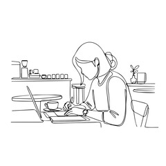 Minimalist working coffee illustration with woman at laptop and steaming cup, capturing simple scene. Working coffee setup includes desk, notebook, pen, earbuds, and various accessories,