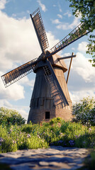 Classic windmill in lush garden setting