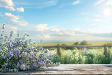 Lavender bouquet on rustic wood, sunny field background; ideal for product display