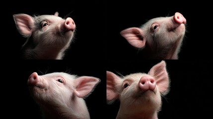 Four adorable piglets with pink snouts pointing upwards against a solid black backdrop