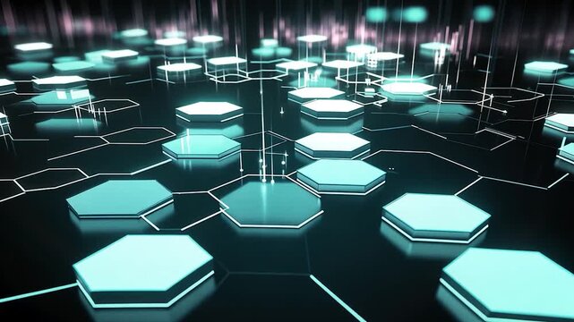 Abstract hexagonal network of glowing turquoise shapes