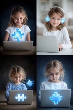 and list of keywords based on the images, optimized for length and relevance

 Young Girls Interacting With Laptop and Glowing Puzzle Pieces on Table, Indoors