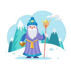 Whimsical Wise Man in Snowy Landscape Illustration