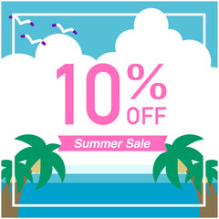 Naklejka premium 夏のセールバナー｜10％オフとヤシの木と海のポップなプロモーションデザイン 