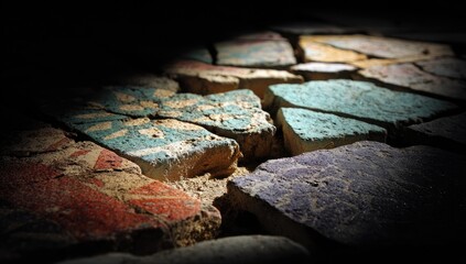 Ancient mosaic floor, damaged tiles, archaeological site, spotlight, historical texture