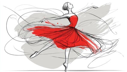 Fototapeta premium Dynamic sketch of a ballerina in a flowing red dress, posed en pointe. Abstract lines suggest movement against a grey background